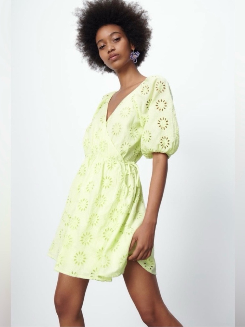Zara Light Green Eyelet Wrap Dress